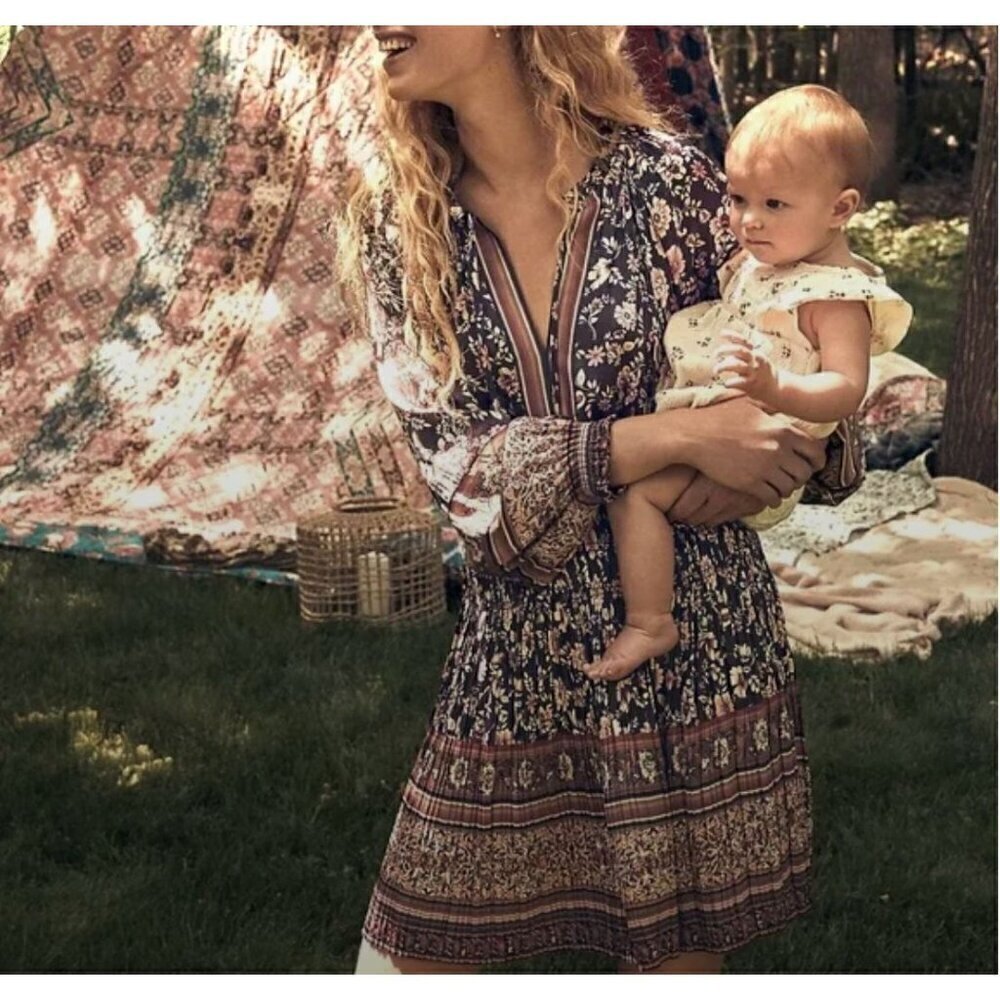 NWT Anthropologie Current Air Alyce Brown Floral Print Pleated Mini Dress XS
